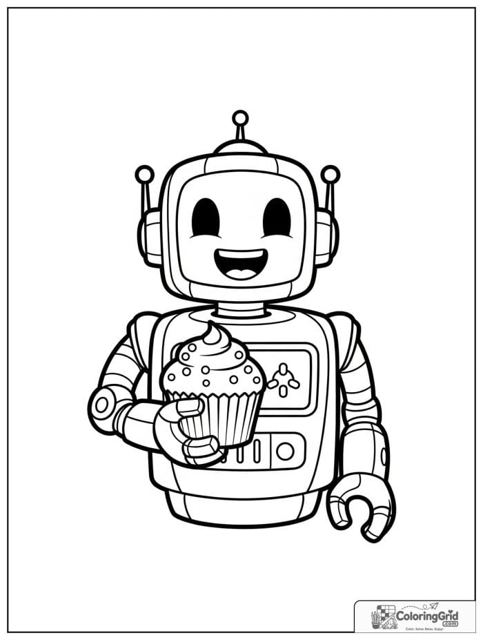 Robot holding a cupcake with a delighted face.