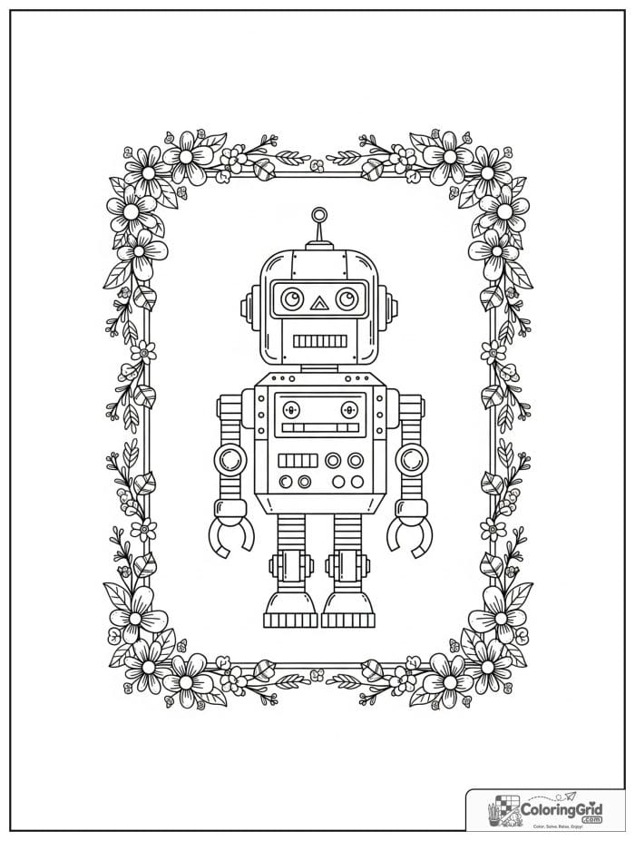 Robot centered inside a decorative flower border.