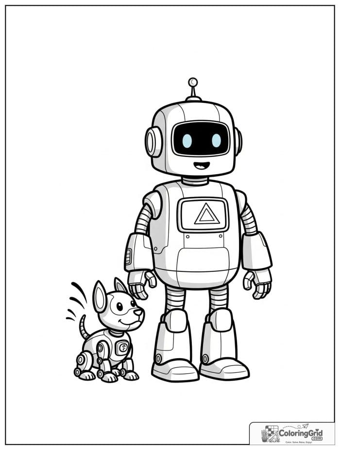 Robot standing beside a small robot dog.