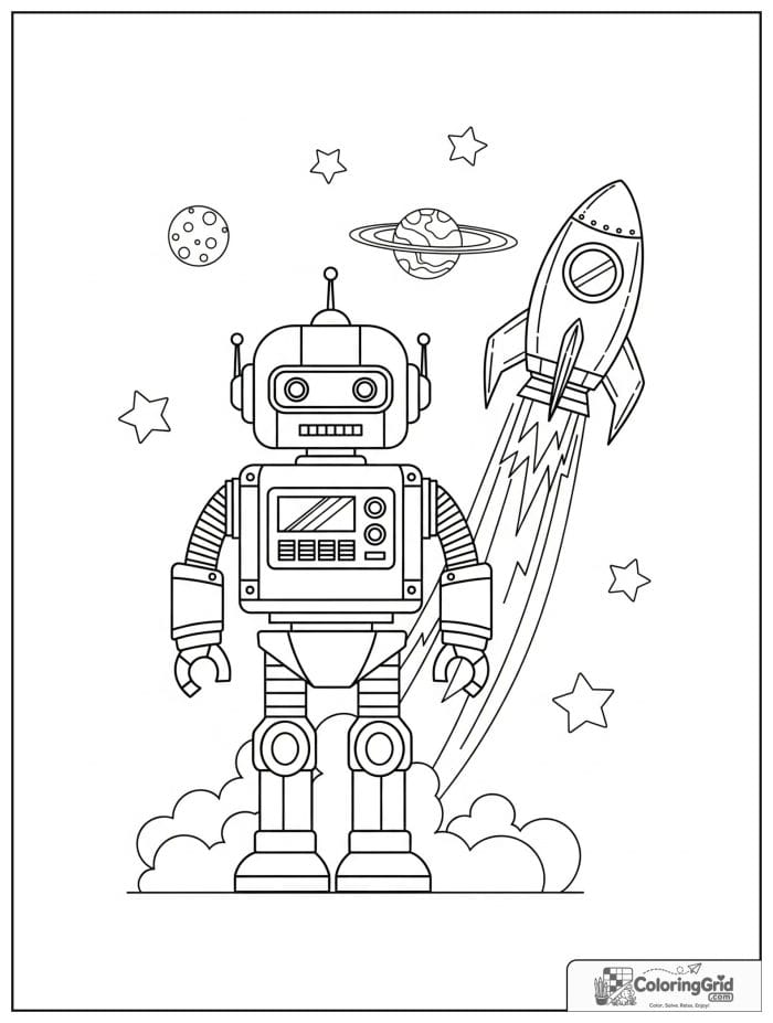 Robot standing beside a small rocket with stars.