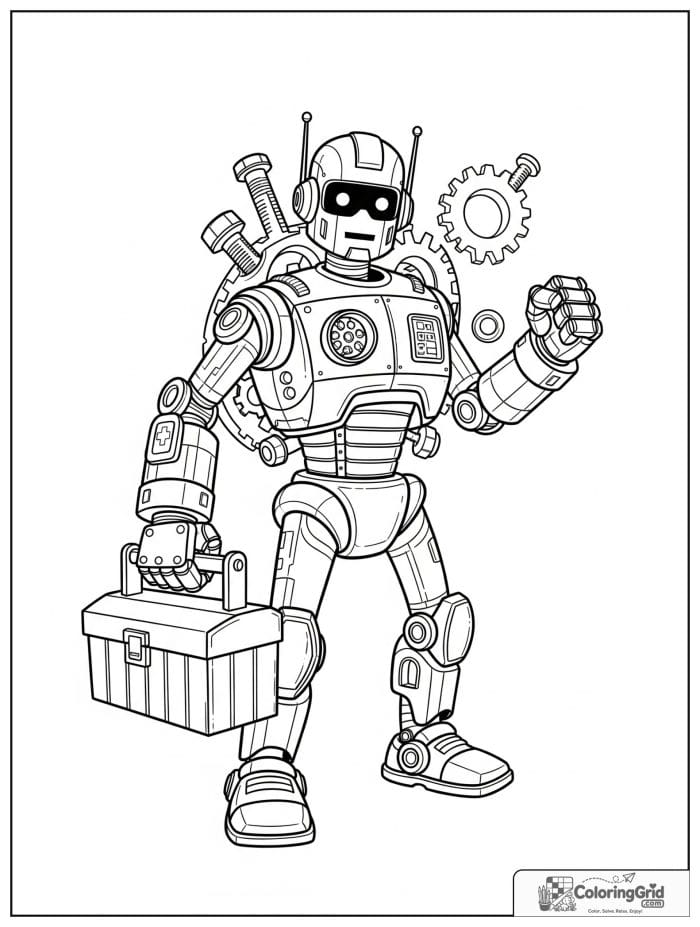 Robot carrying a toolbox with gears and bolts.