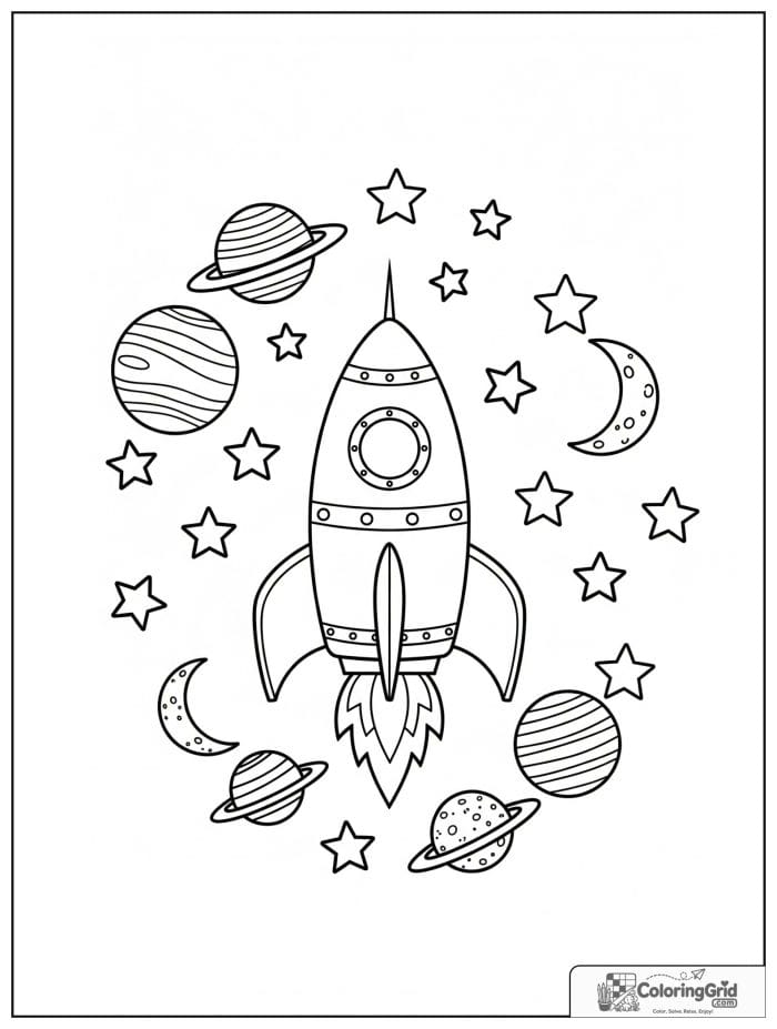 Rocket surrounded by planets and stars.