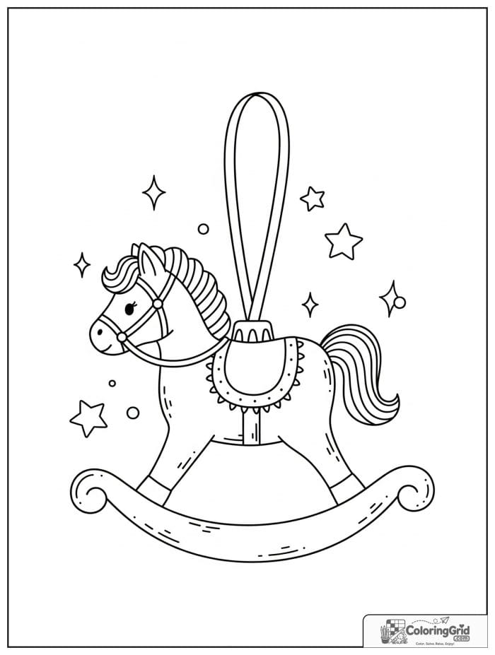 Rocking horse Christmas ornament with ribbon loop.