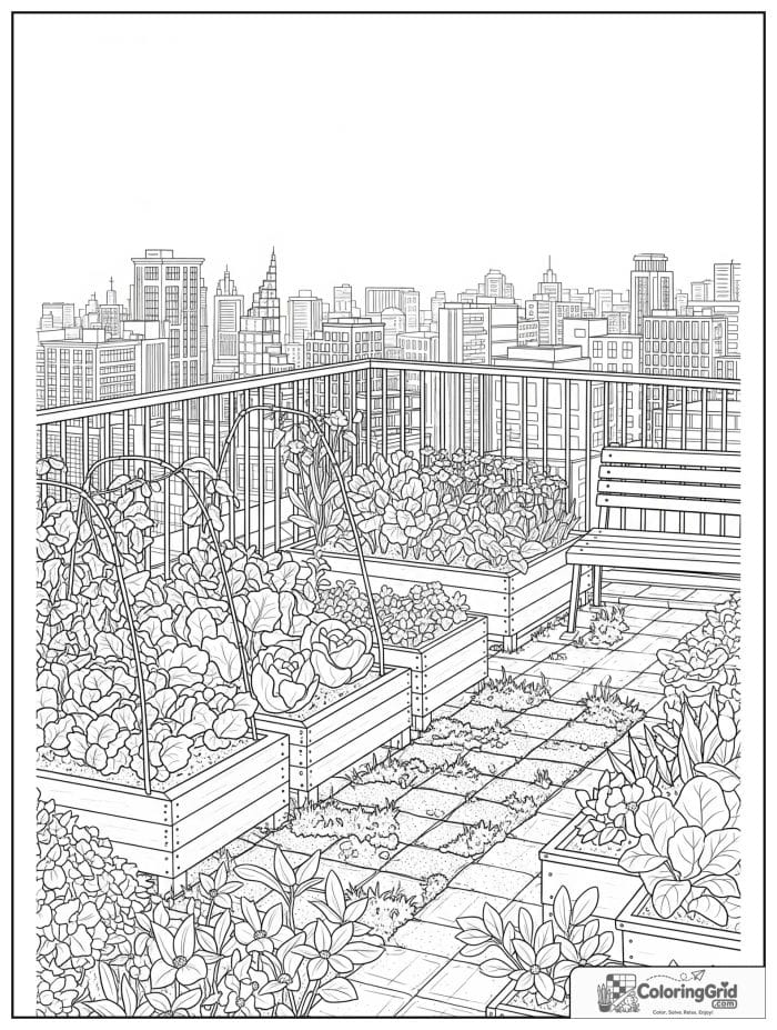 Garden coloring page featuring a rooftop garden with planters.