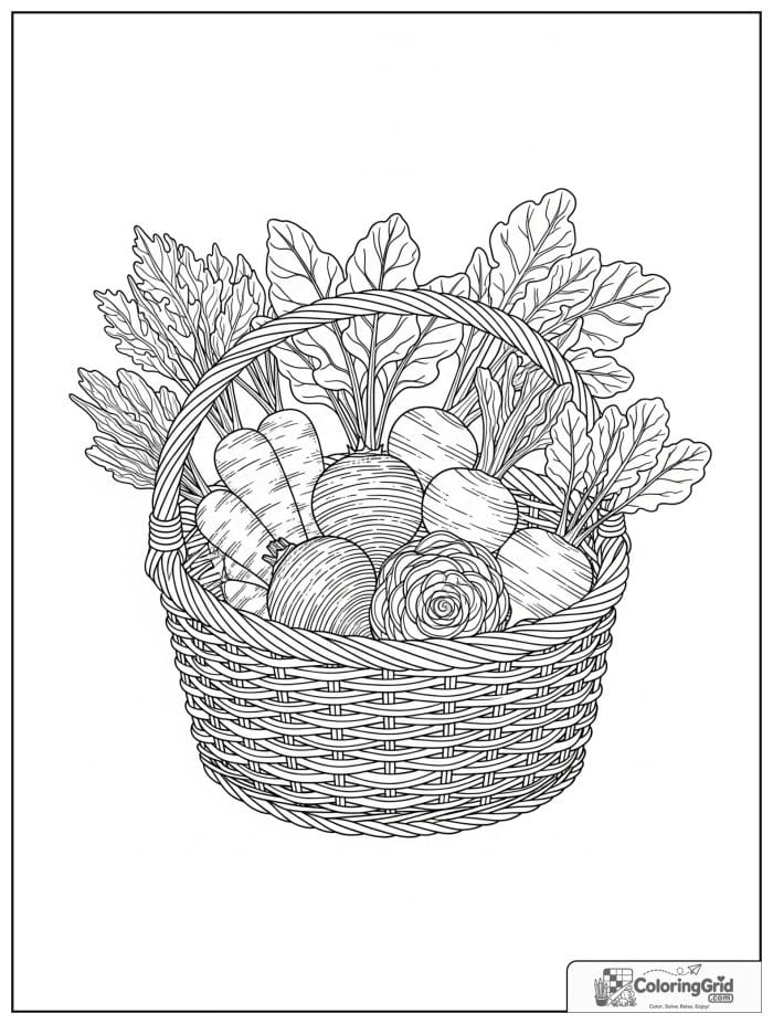 Vegetable coloring page featuring a basket of root vegetables.