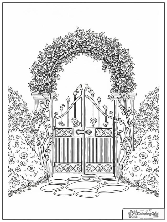 Garden coloring page featuring a rose arch over a garden gate.