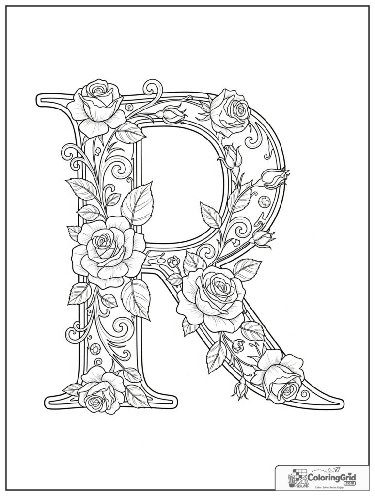 Rose letter R adult alphabet coloring design with garden blooms