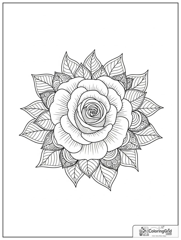 Relaxing rose mandala with rounded petal layers.