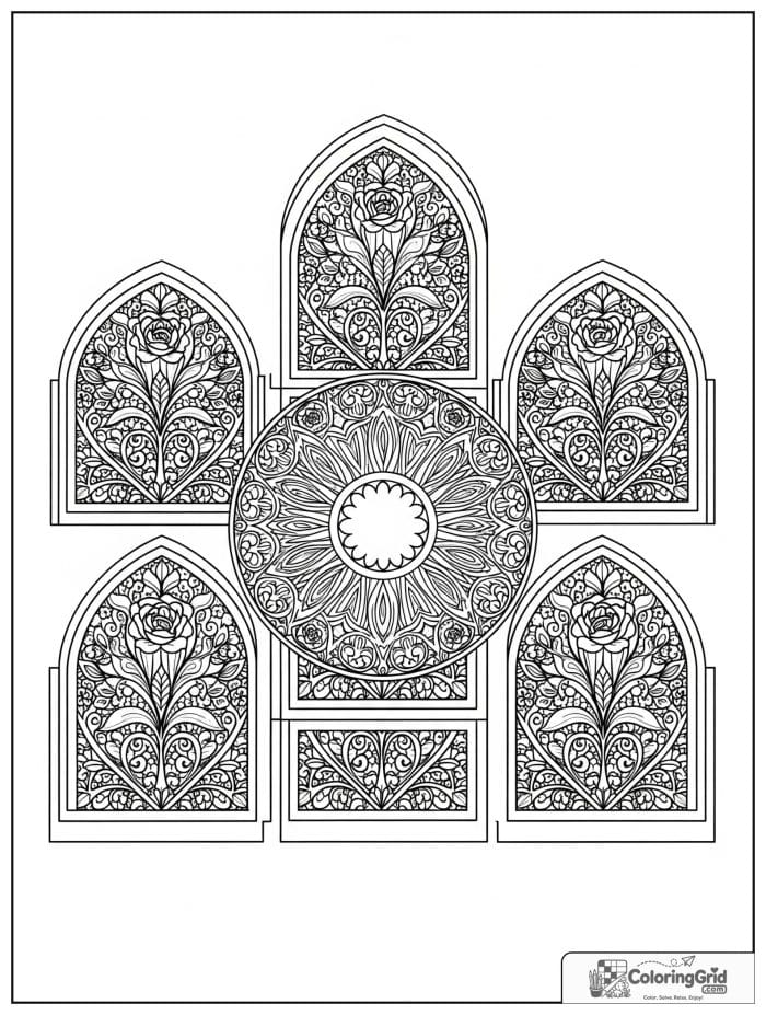 Mandala coloring page featuring a rose window inspired design.