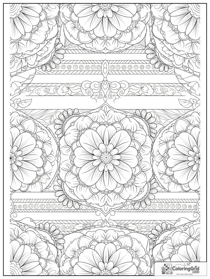 Flower mandala with repeating rosette blooms and dotted accents.