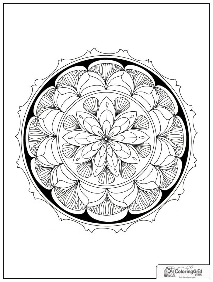 Easy mandala coloring page featuring rounded triangle patterns.
