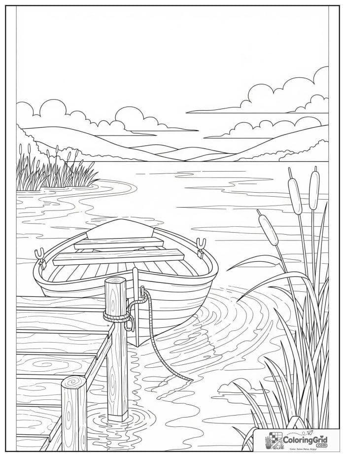 Boat coloring page featuring a rowboat by a lake dock.