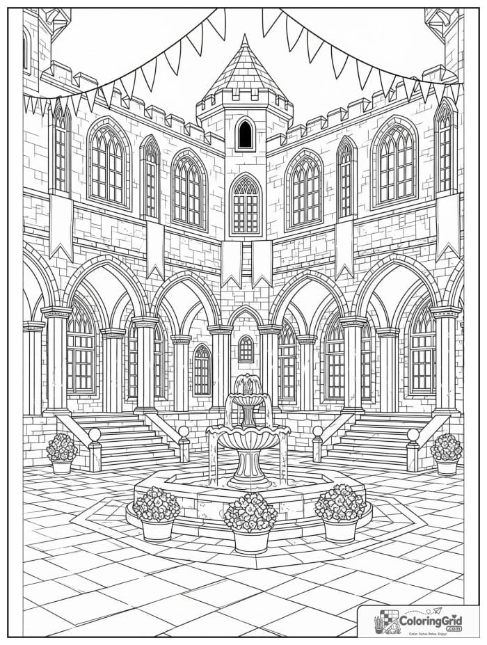 Castle coloring page featuring a royal courtyard inside a castle.