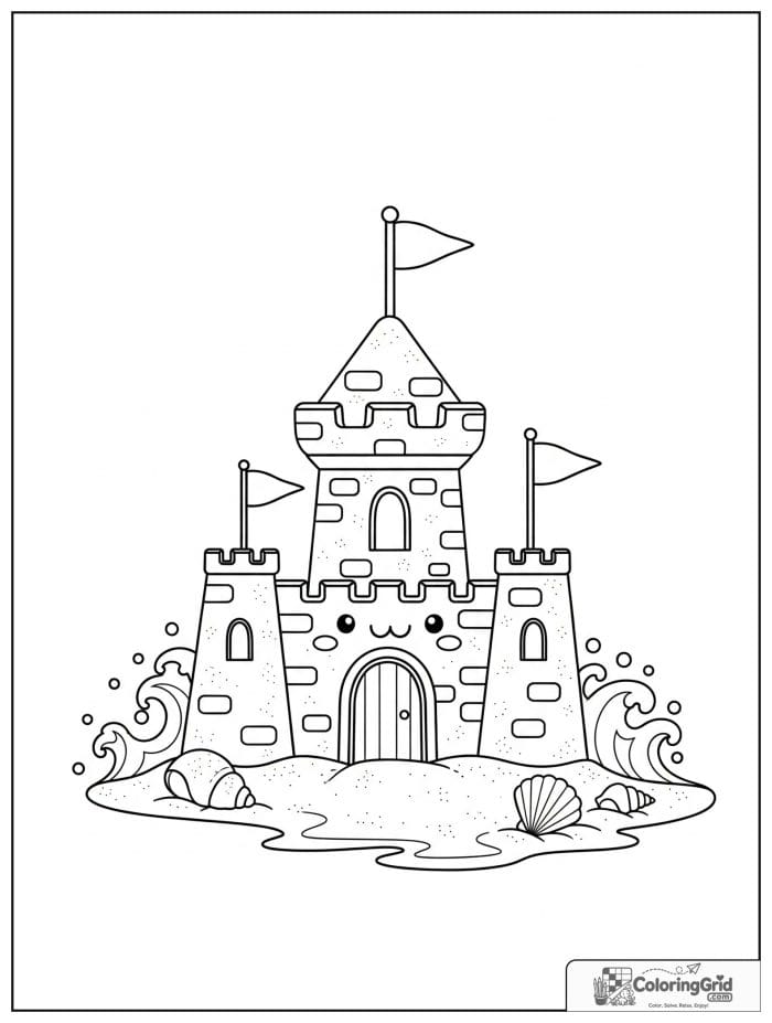 Summer Coloring Pages showing a sandcastle by the shore.