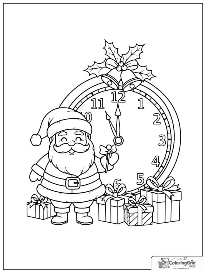 Santa Claus standing beside a large Christmas clock.