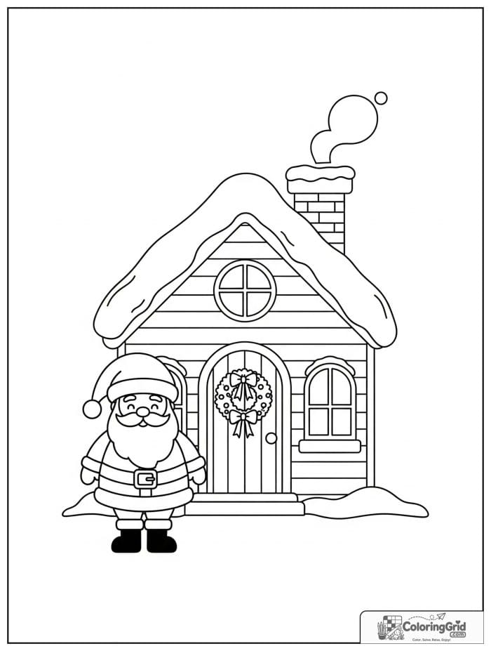 Santa Claus standing in front of a cozy snowy cottage.