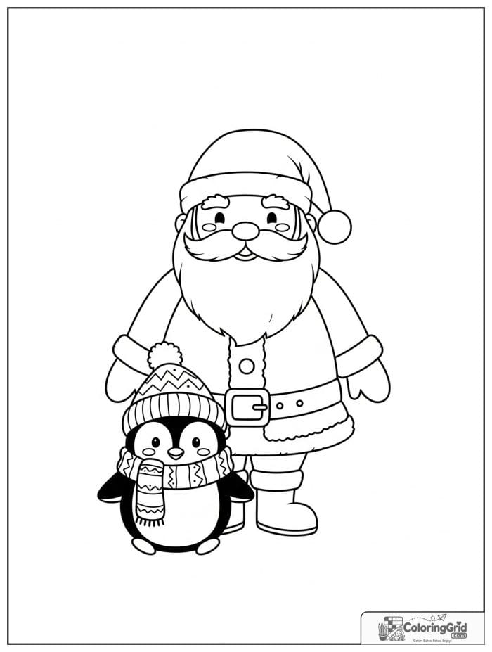 Santa Claus standing with a cute penguin friend.
