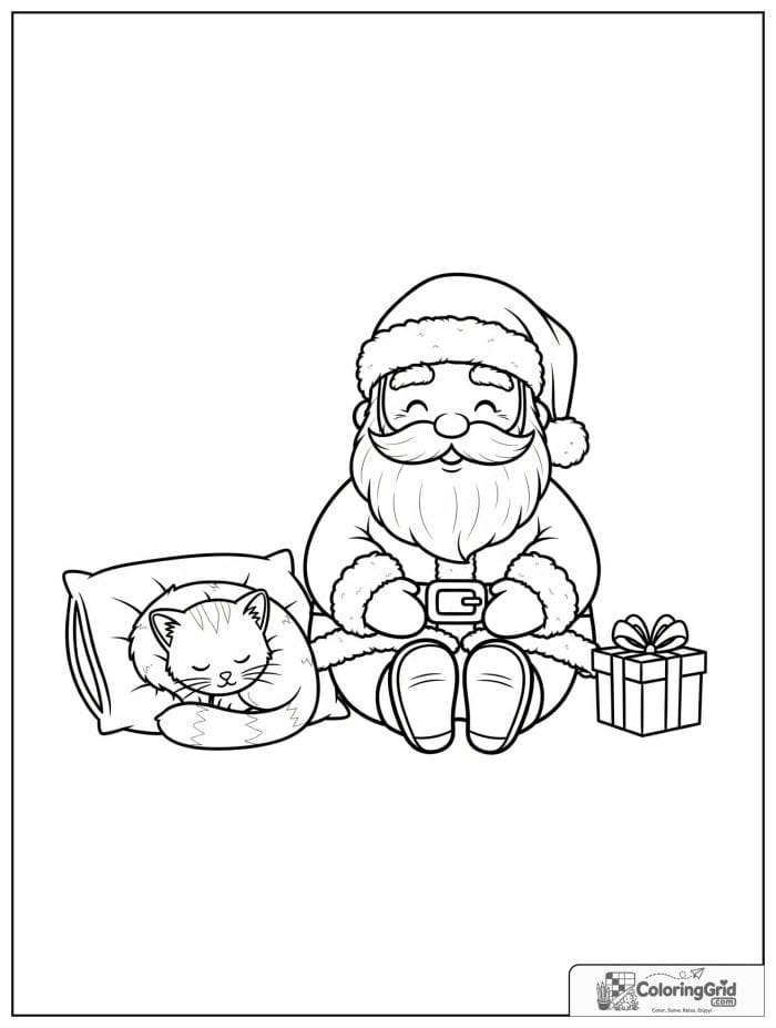 Santa Claus sitting beside a sleeping kitten.
