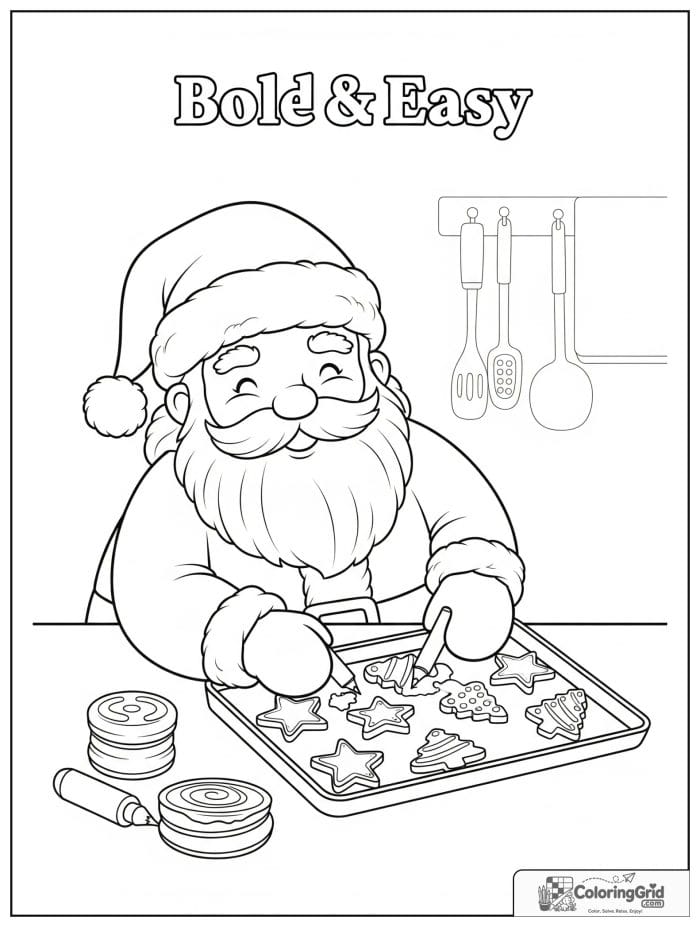 Santa Claus baking cookies in a cozy kitchen.