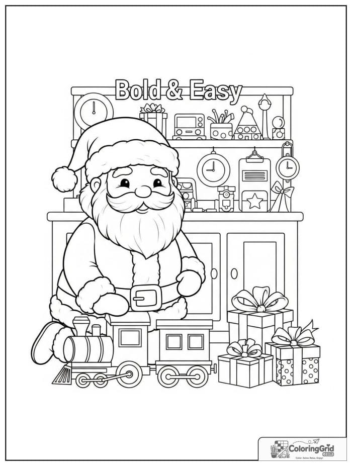 Santa Claus kneeling beside a toy train and gifts.