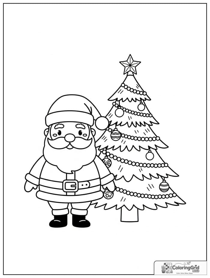 Santa Claus standing beside a decorated Christmas tree.