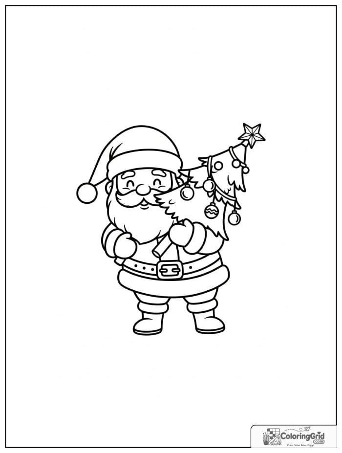 Santa Claus carrying a small decorated Christmas tree.