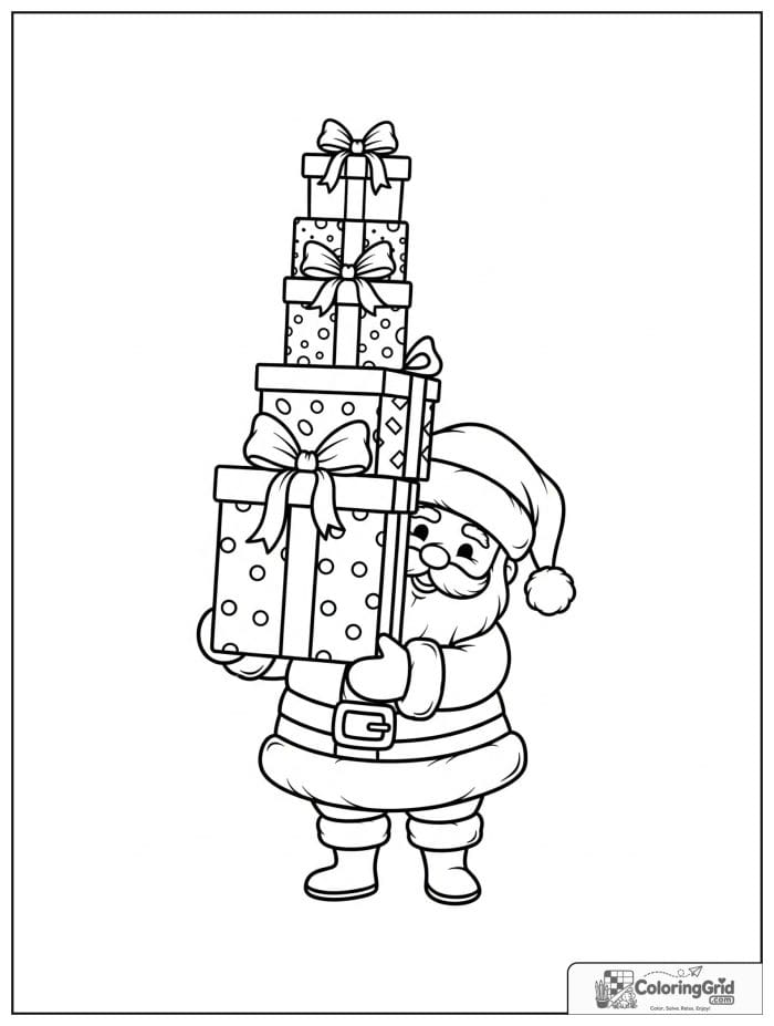 Santa Claus carrying a tall stack of wrapped presents.