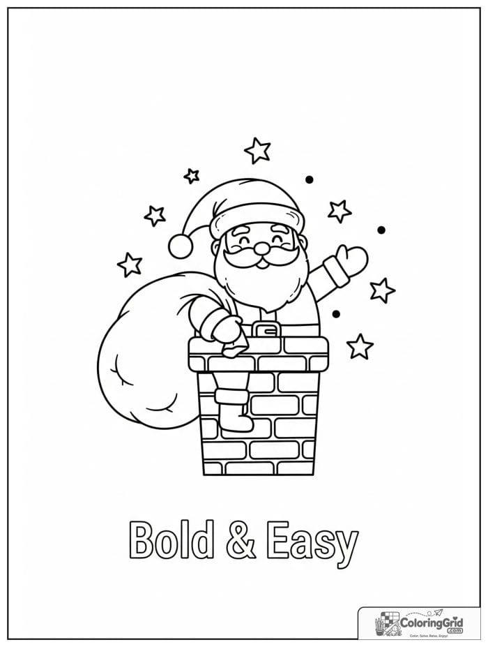 Santa Claus climbing out of a chimney with his gift sack.