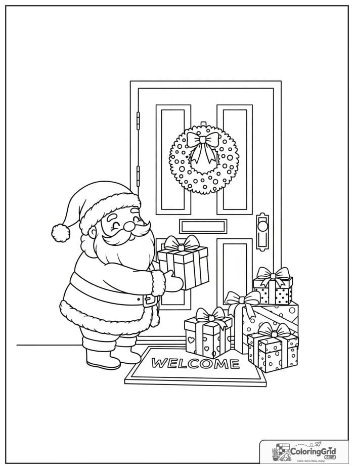 Santa Claus placing presents at a front door.