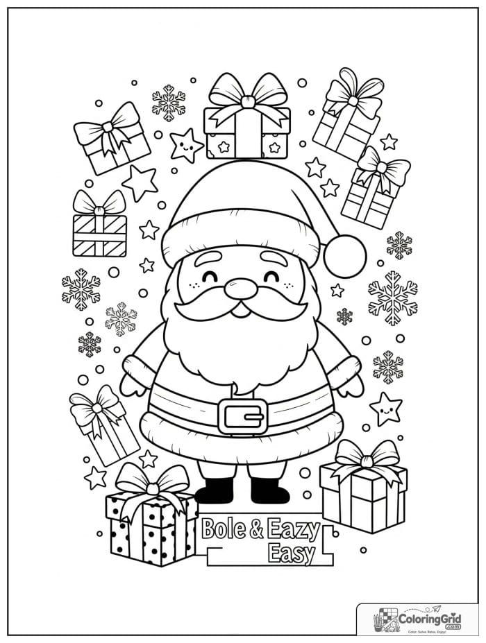 Santa Claus framed by wrapped gifts, stars, and bows.