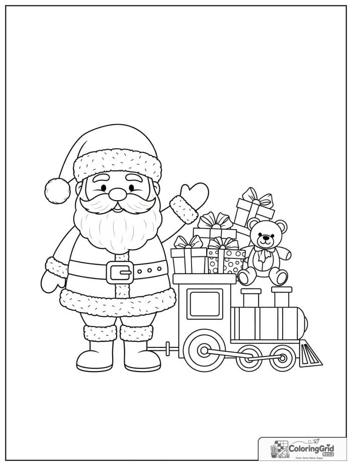 Santa Claus next to a toy train loaded with presents.