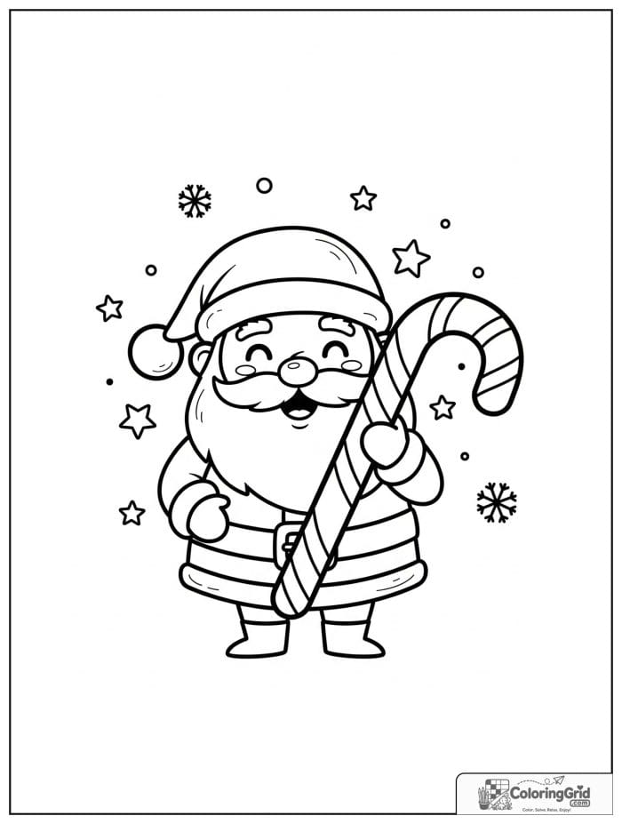 Santa Claus holding a giant candy cane with festive details.