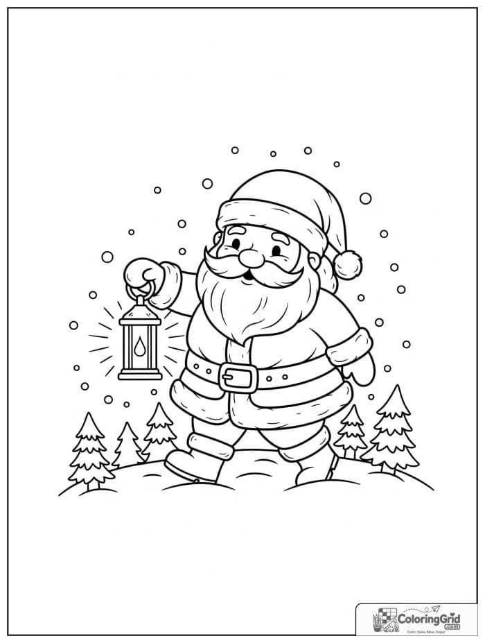 Santa Claus holding a lantern while walking in the snow.