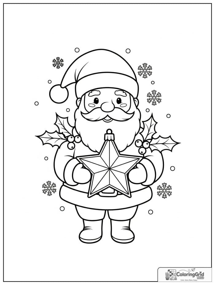 Santa Claus holding a large star ornament.