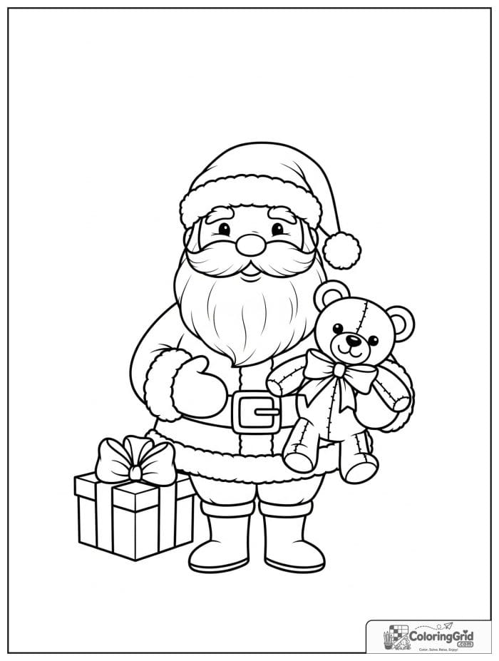 Santa Claus holding a cute teddy bear toy.