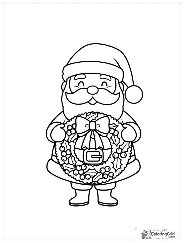 Santa Claus holding a Christmas wreath with holly.