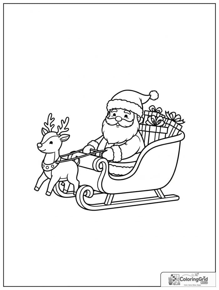 Santa Claus riding in a sleigh with a friendly reindeer.