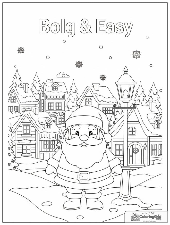 Santa Claus standing in a snowy village scene.