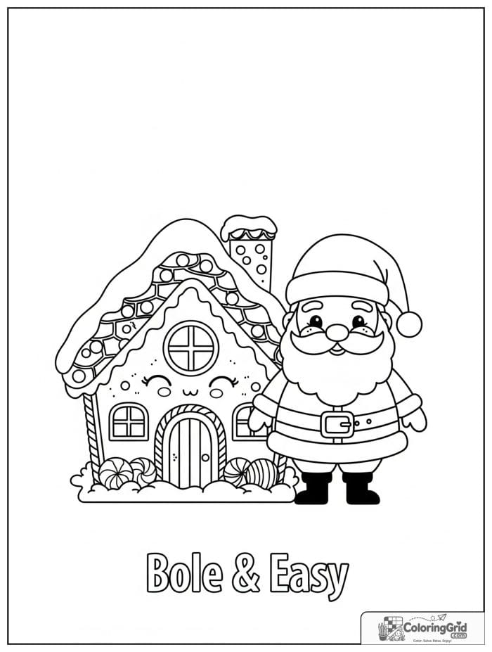 Santa Claus standing beside a cute gingerbread house.