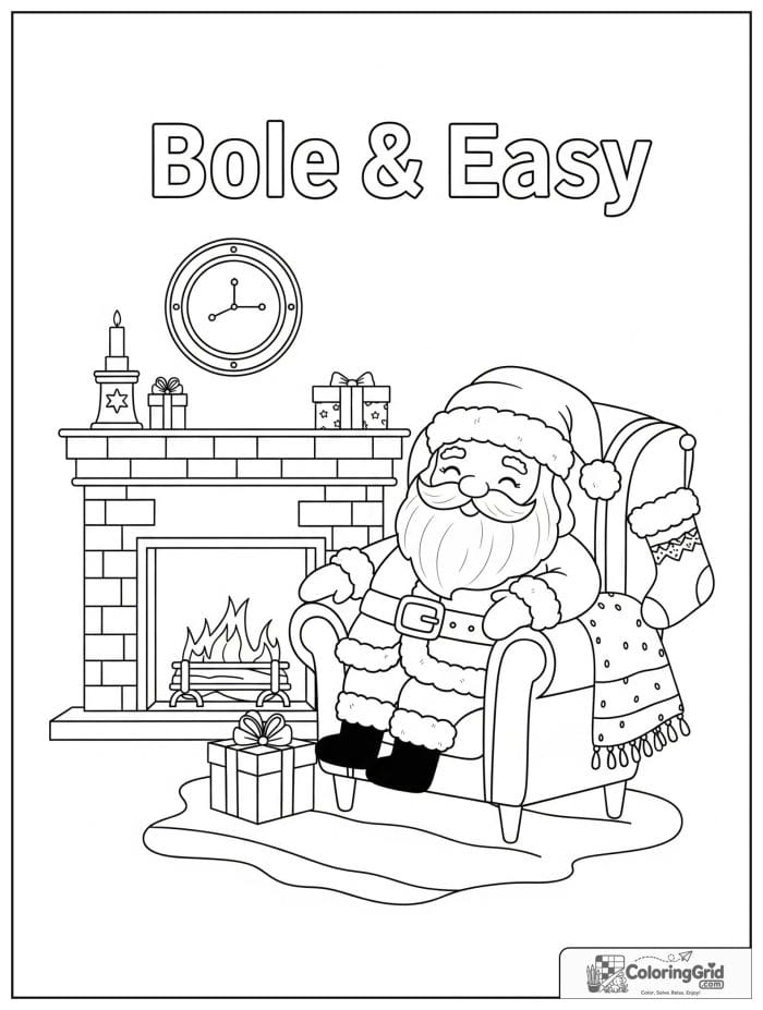 Santa Claus sitting in an armchair beside a fireplace.