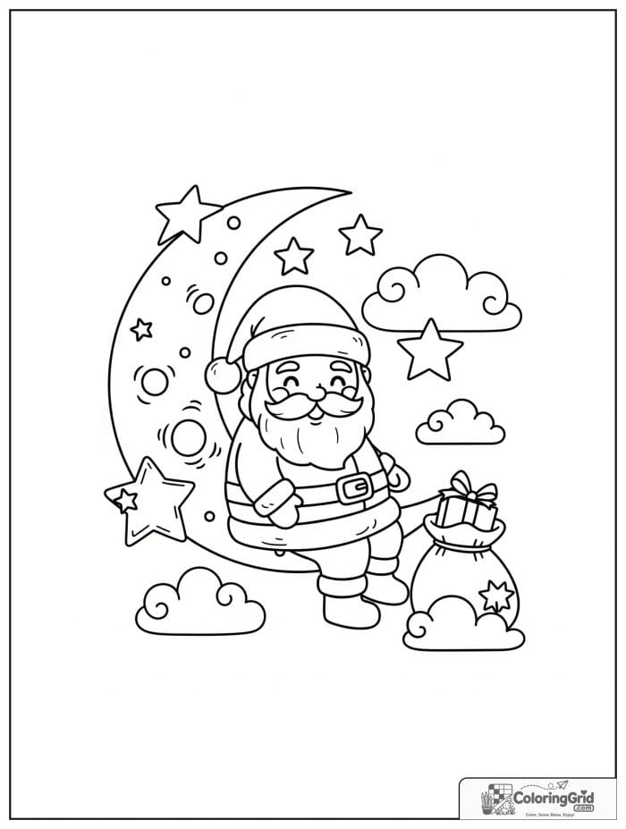 Santa Claus sitting on a crescent moon with stars.