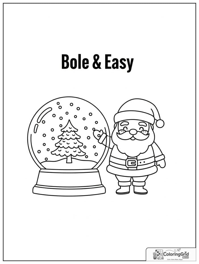 Santa Claus standing beside a large snow globe.