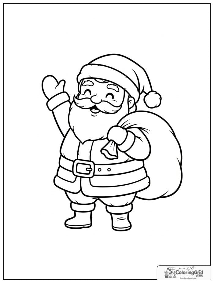 Santa Claus waving with a large gift bag in a bold and easy kawaii cozy style.