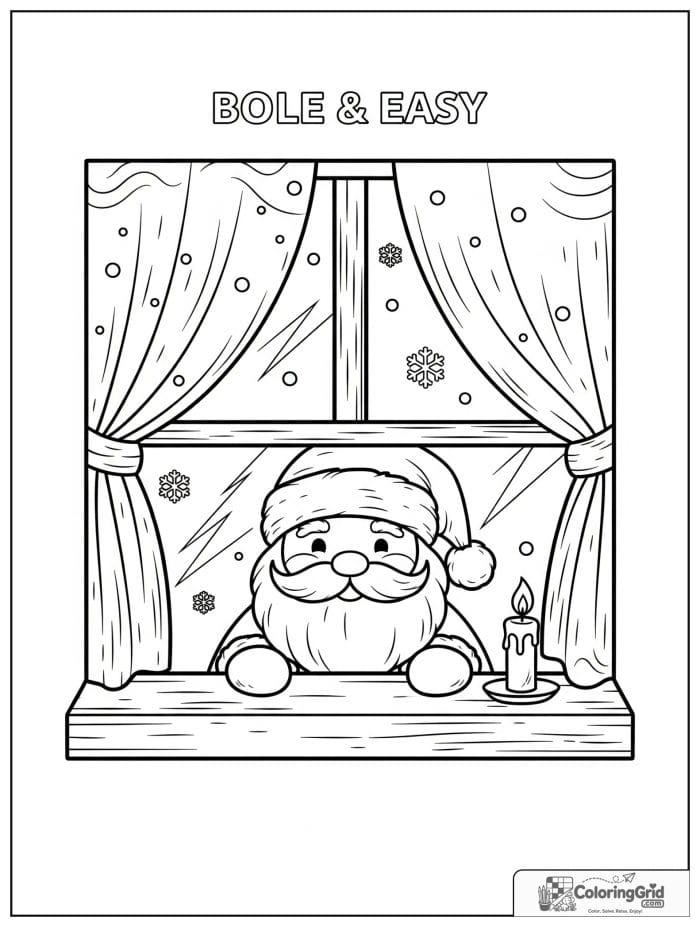 Santa Claus peeking through a frosty window.