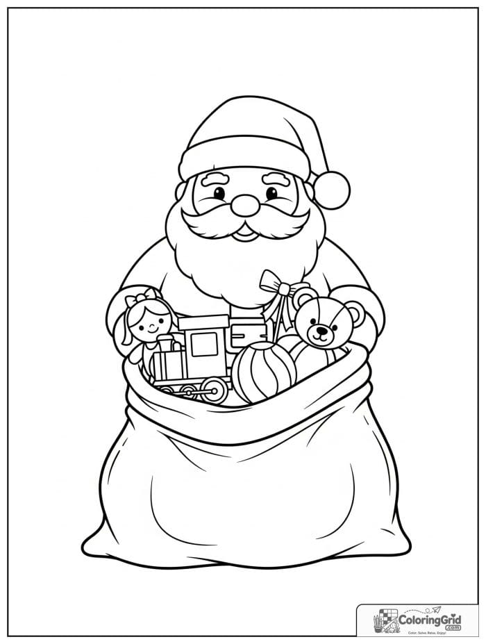 Santa Claus opening a large bag full of toys.