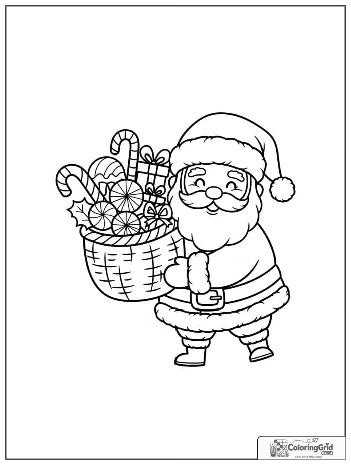 Santa Claus carrying a basket of holiday candy.