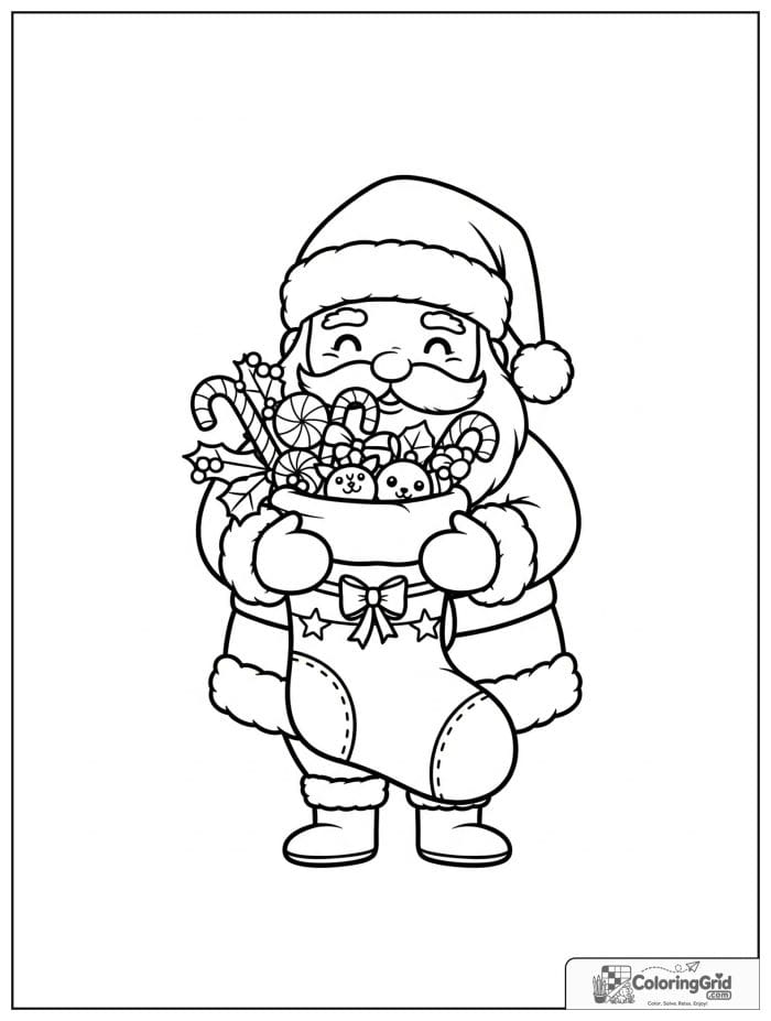 Santa Claus holding a large Christmas stocking.
