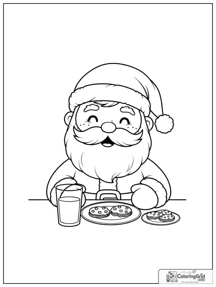 Santa Claus with cookies and milk at a table.