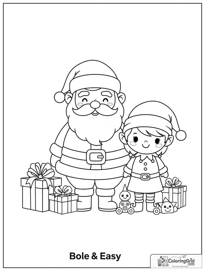 Santa Claus standing with a cheerful elf helper.