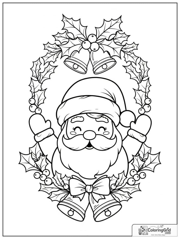 Santa Claus surrounded by holly leaves and holiday bells.